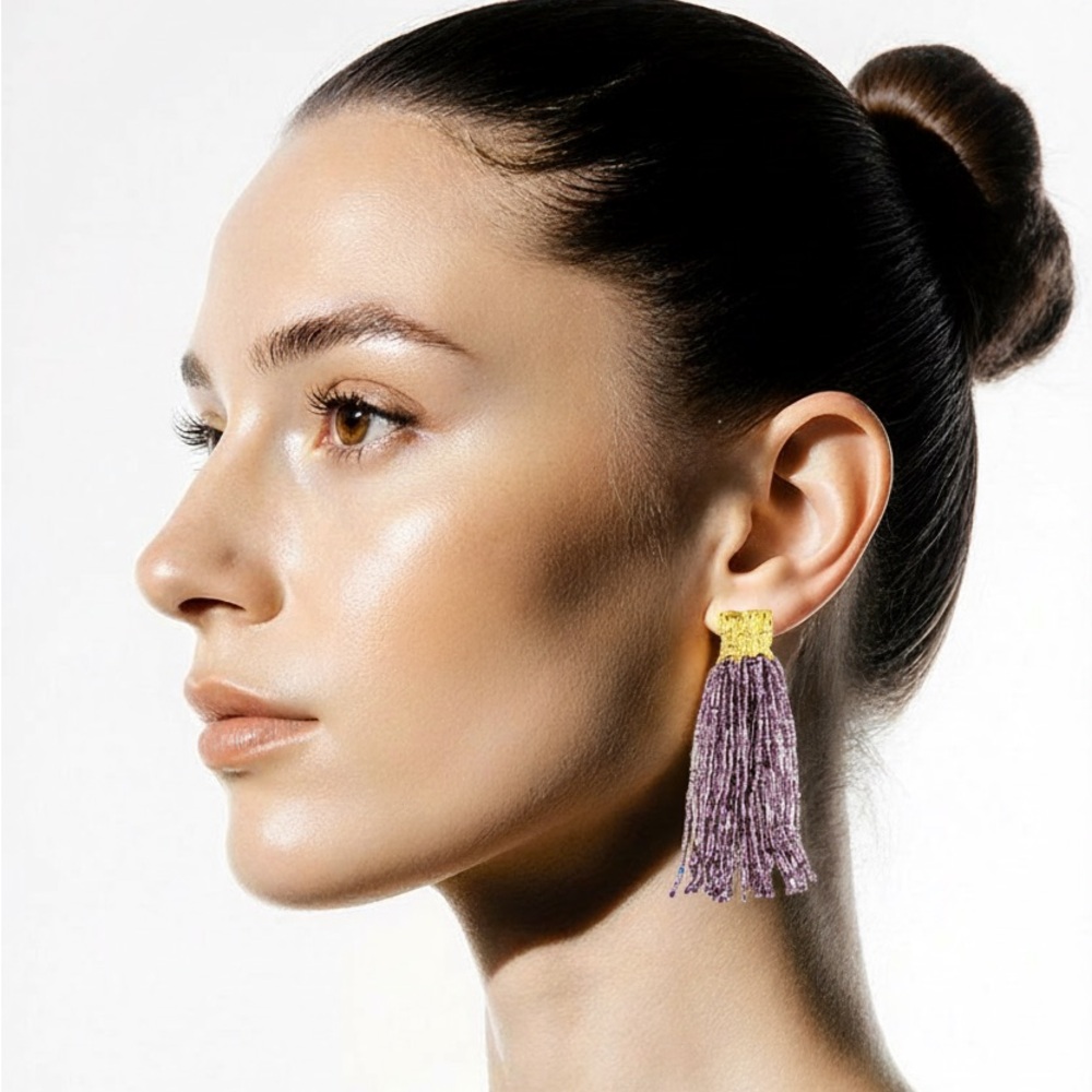 Myra Bag Purple Tassel Drop Earrings with Gold Stud